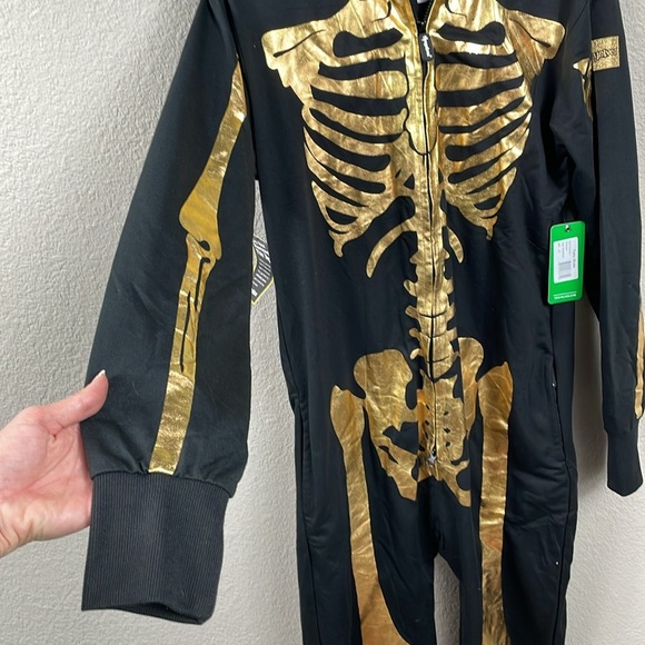 NWT Tipsy Elves Gold Skeleton Costume Zip Hood Onesie Jumpsuit Black Sz M - Picture 6 of 14
